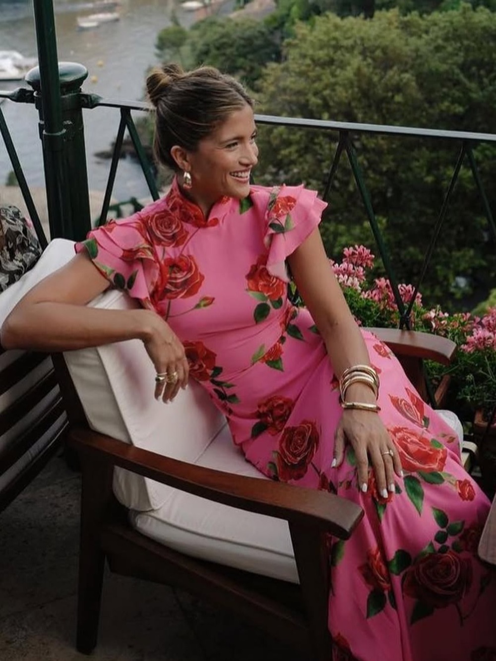 Sau Lee Sylvie Mandarin Collar Ruffle Sleeve Pink Floral Maxi Dress NEW with tag - Picture 2 of 11